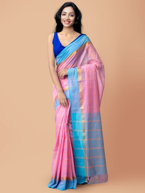 

Unnati Silks Pink & Blue Checked Pure Cotton Mangalagiri Saree