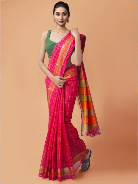 

Unnati Silks Pink & Orange Checked Zari Pure Cotton Mangalagiri Saree