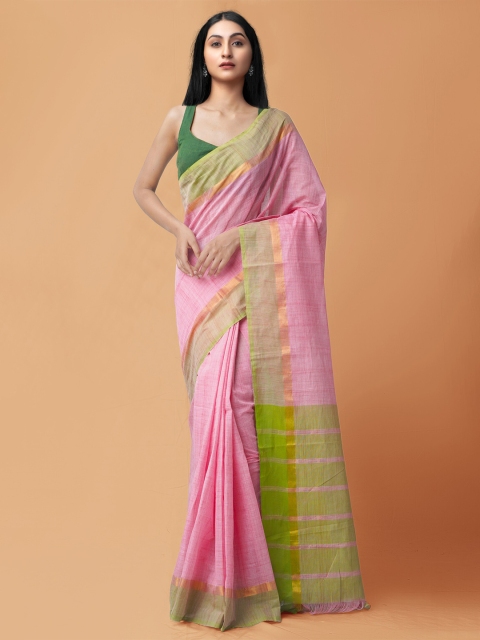 

Unnati Silks Pink & Green Pure Handloom Sustainable Block Printed Mulmul Cotton Saree