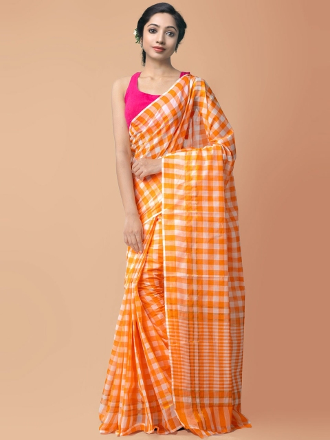 

Unnati Silks White & Orange Checked Zari Pure Cotton Mangalagiri Saree
