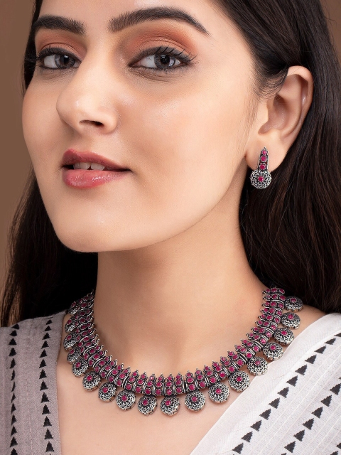 

Rubans Oxidised Silver-Toned Pink Pearl-Studded Jewellery Set