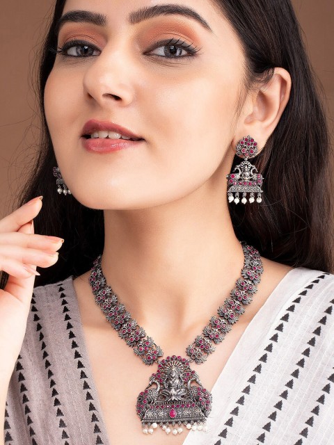 

Rubans Oxidised Silver-Toned & Pink Pearl-Studded & Beaded Jewellery Set
