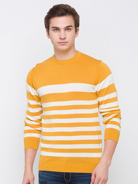 

Globus Men Mustard Yellow Striped Applique T-shirt