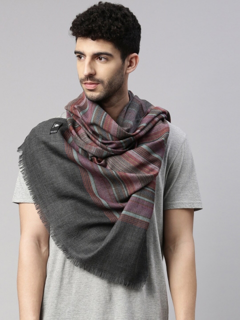 

Pashmoda Men Grey & Maroon Wool Striped Stole