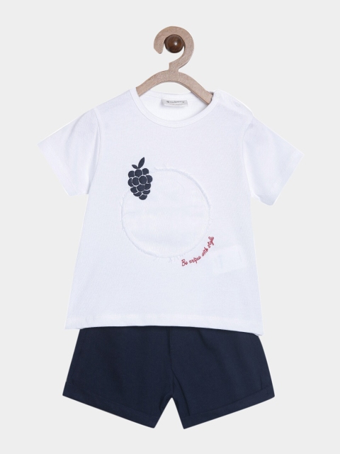

Nuberry Kids White & Navy Blue Pure Cotton T-shirt with Shorts