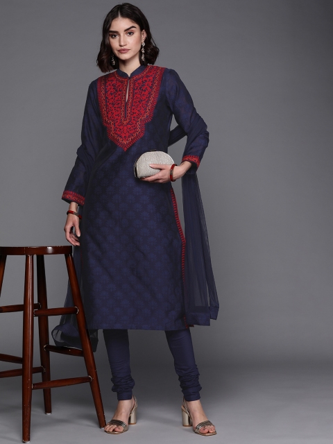

Biba by Rohit Bal Women Navy Blue & Red Yoke Design Kurta with Churidar & Dupatta