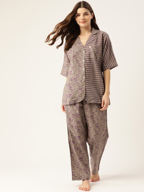 

DREAMSS BY SHILPA SHETTY Women Brown & Purple Geometric Printed Night suit