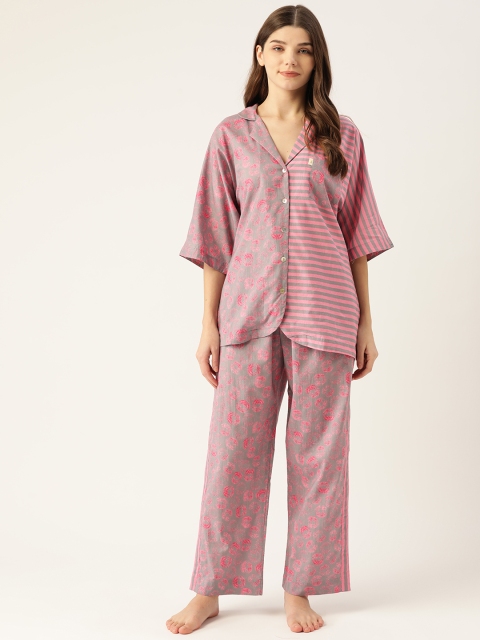 

DREAMSS BY SHILPA SHETTY Women Grey & Pink Geometric Printed Night suit