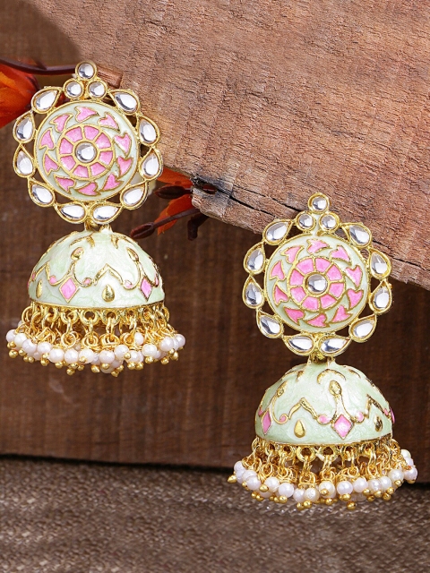 

LIVE EVIL Gold-Plated Green & Pink Dome Shaped Jhumkas Earrings