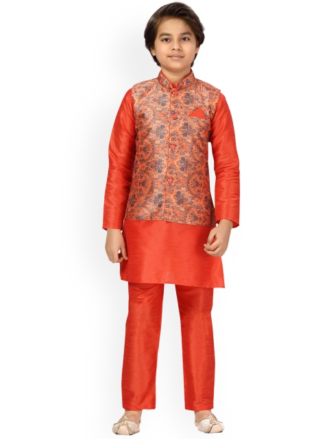 

LITTLE MAFIA BY Aarika Boys Orange Pure Silk Kurta with Pyjamas & Waistcoat