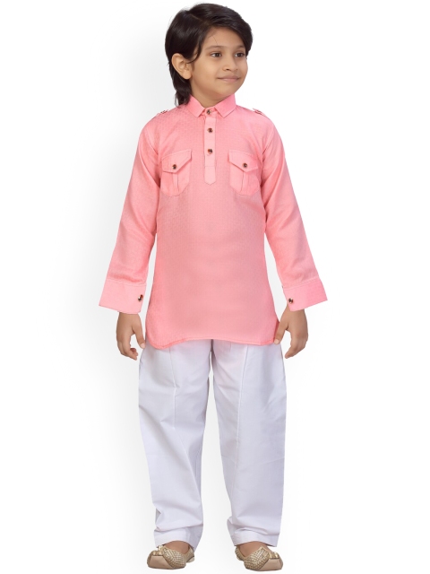 

LITTLE MAFIA BY Aarika Boys Pink & White Pure Cotton Pathani Kurta With Pyjamas