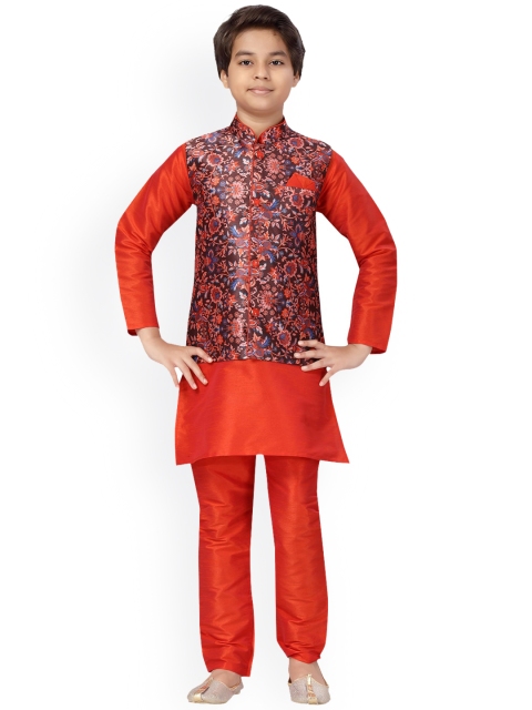 

LITTLE MAFIA BY Aarika Boys Orange Pure Silk Kurta with Pyjamas & Waistcoat