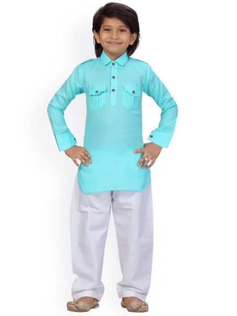 

LITTLE MAFIA BY Aarika Boys Turquoise Blue Pure Cotton Pathani Kurta with Pyjamas