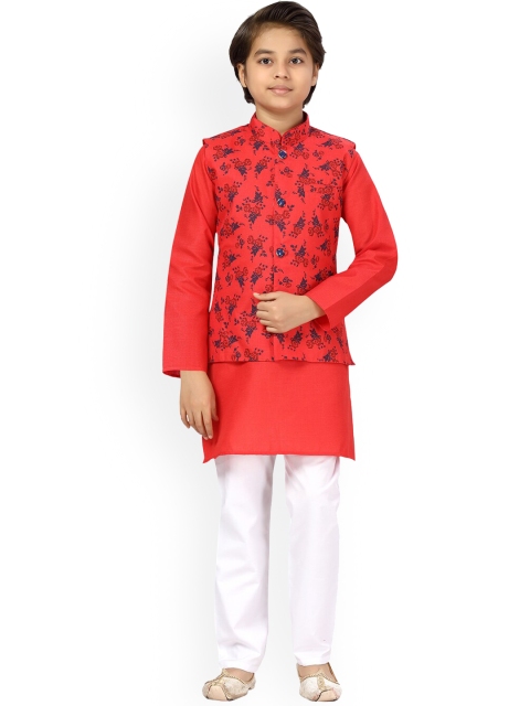 

LITTLE MAFIA BY Aarika Boys Red Pure Cotton Kurta with Pyjamas & Nehru Jacket