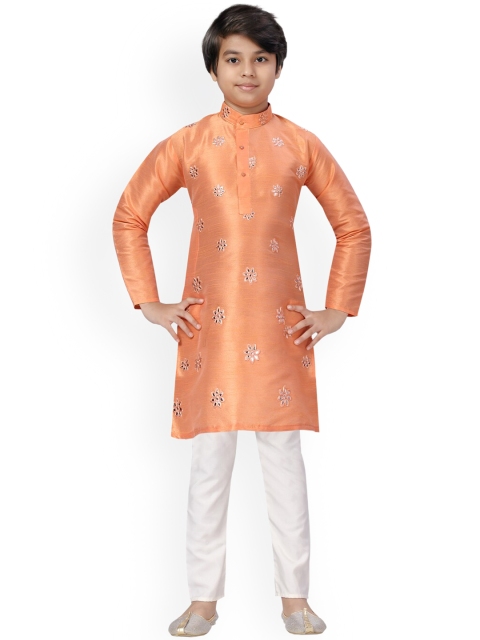

LITTLE MAFIA BY Aarika Boys Peach-Coloured Mirror Work Pure Cotton Kurta with Pyjamas