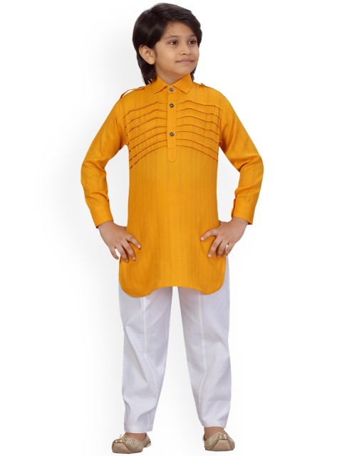 

LITTLE MAFIA BY Aarika Boys Yellow & White Pure Cotton Pathani Kurta With Pyjamas