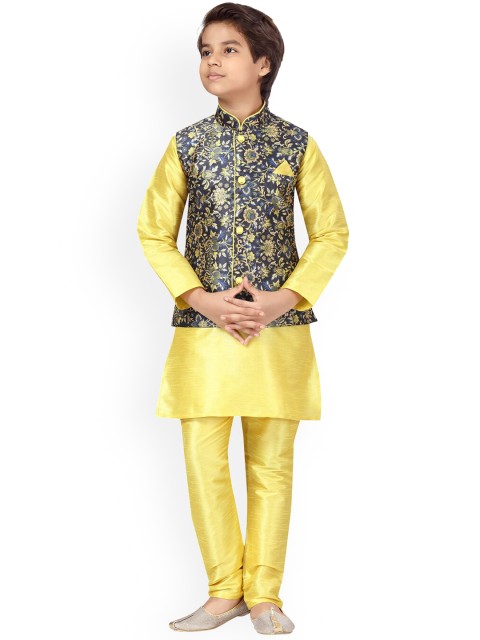 

LITTLE MAFIA BY Aarika Boys Yellow Pure Silk Kurta with Pyjamas & Waistcoat