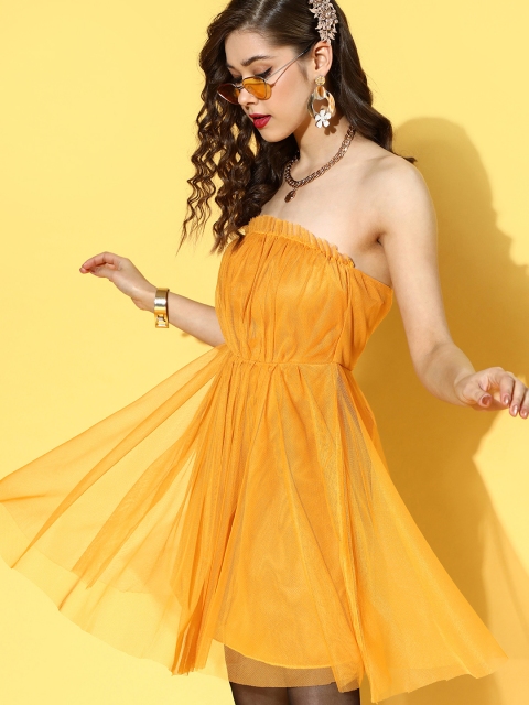 

U&F Women Bright Yellow Solid Tulle Dress