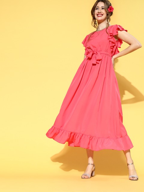 

U&F Women Pretty Pink Solid Ruffled Dress