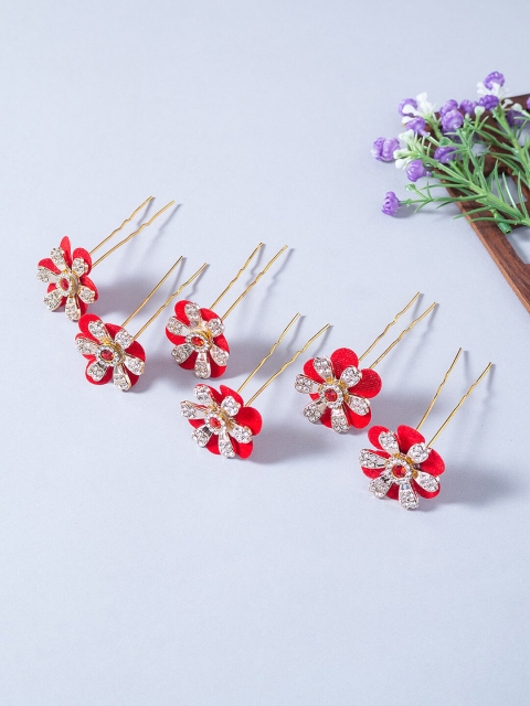 

Golden Peacock Women Red & White Set of 6 Embellished U Pins