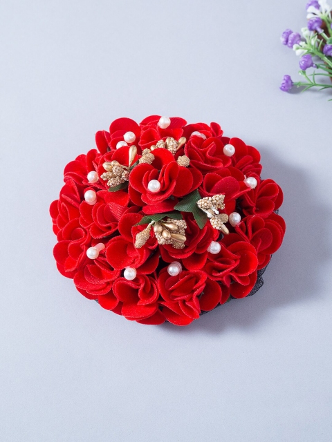 

Golden Peacock Women Red & White Embellished Floral Design Hair Bun Cover