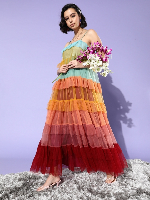 

QUIERO Multicoloured Tiered Shoulder Strap Net A-Line Maxi Dress, Multi