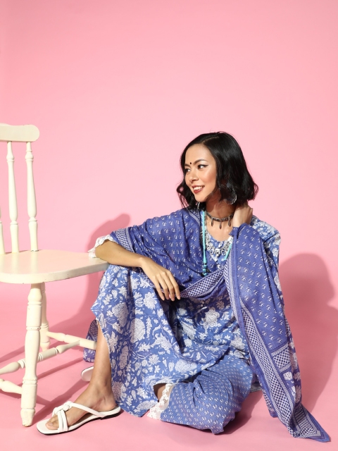 

Yufta Ethnic Motifs Pure Cotton Romantic Floral Kurta Set, Blue