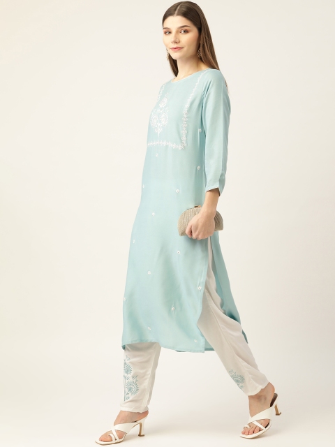 

INDYES Women Blue Yoke Design Thread Work Pure Cotton Kurta with Trousers