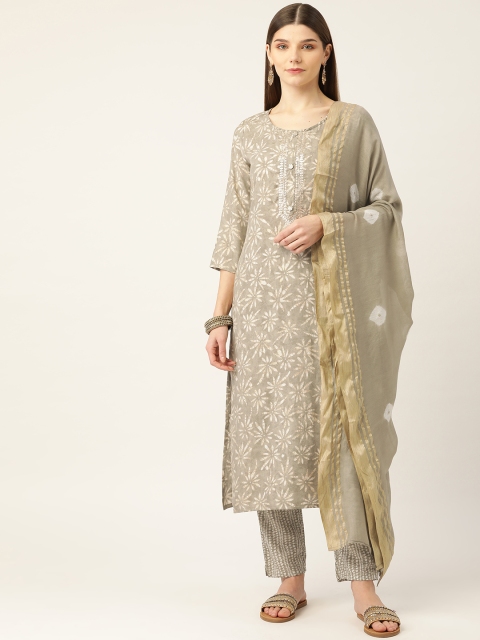 

INDYES Women Beige and Gold Toned Zari Embroidered Kurta Trouser with Dupatta Set