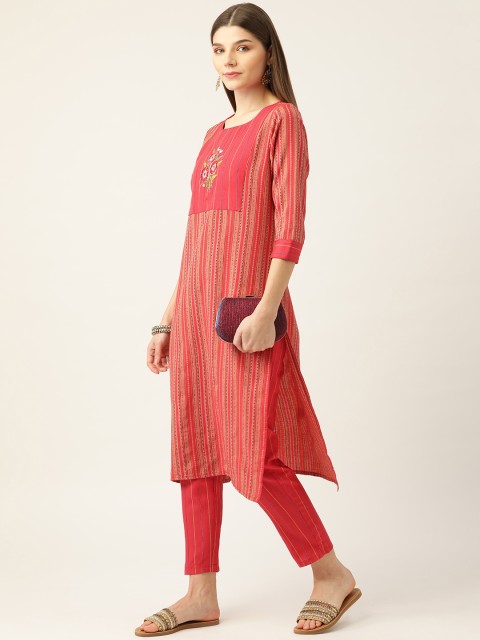 

INDYES Women Red Embroidered Thread Work Pure Cotton Kurta with Trousers