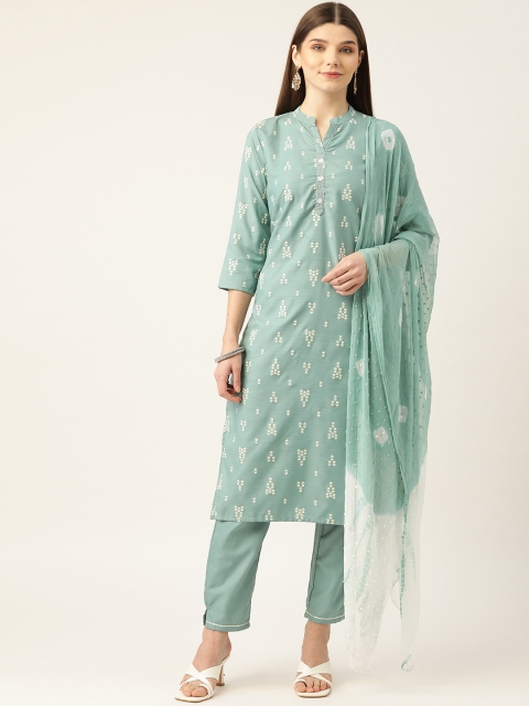 

INDYES Women Teal Embroidered Aari Work Silk Crepe Kurta with Trousers & Dupatta