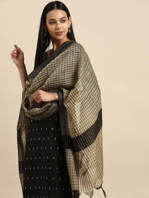 

Shaily Beige & Gold-Toned Woven Design Cotton Silk Dupatta with Thread Work