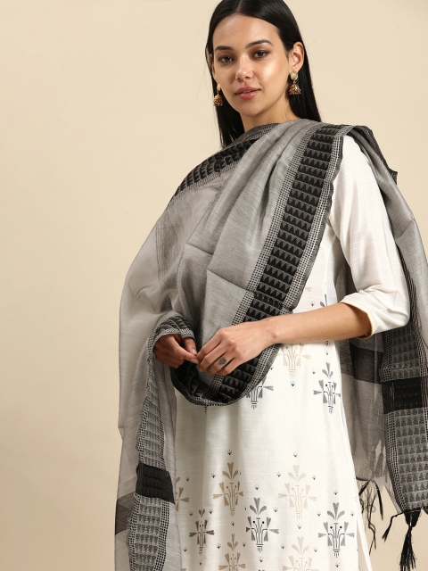 

Shaily Silver-Toned & Grey Woven Design Cotton Silk Dupatta