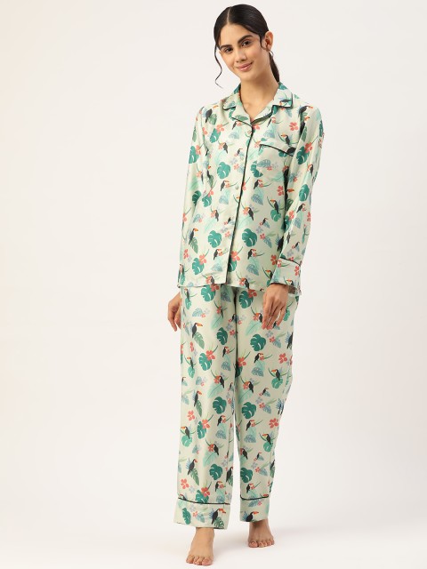 

ADORENITE Women Green & Orange Printed Night suit
