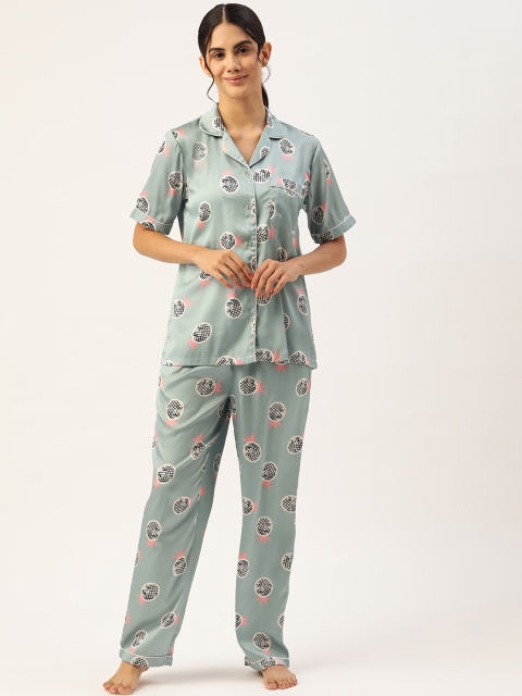 

ADORENITE Women Blue & Black Printed Night suit