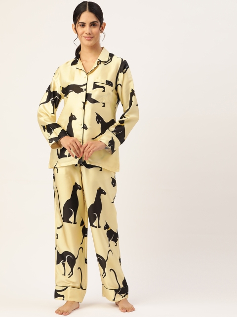 

ADORENITE Women Yellow & Black Printed Night suit