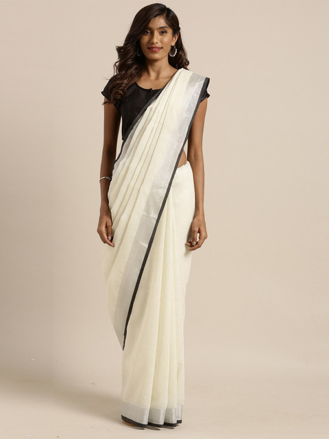 

Viva N Diva Cream-Coloured & Black Zari Linen Blend Saree