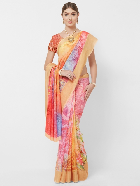 

Viva N Diva Women Pink Printed Linen Blend Saree