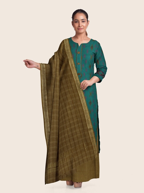 

Pothys Teal & Olive Green Printed Pure Cotton Unstitched Dress Material