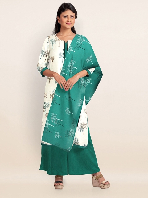 

Pothys White & Green Floral Printed Unstitched Dress Material