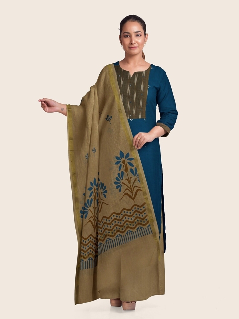 

Pothys Teal & Olive Green Printed Pure Cotton Unstitched Dress Material