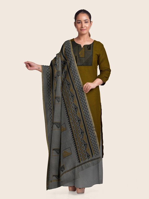 

Pothys Olive Green & Grey Printed Pure Cotton Unstitched Dress Material