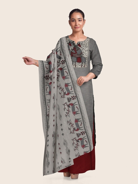 

Pothys Grey & Maroon Printed Pure Cotton Unstitched Dress Material