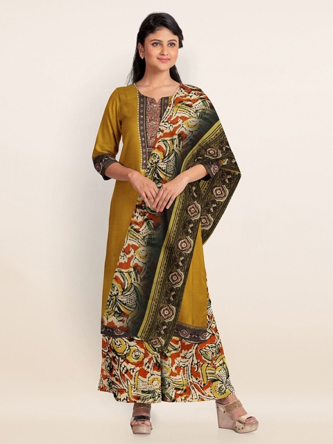

Pothys Mustard Yellow & Maroon Printed Unstitched Dress Material