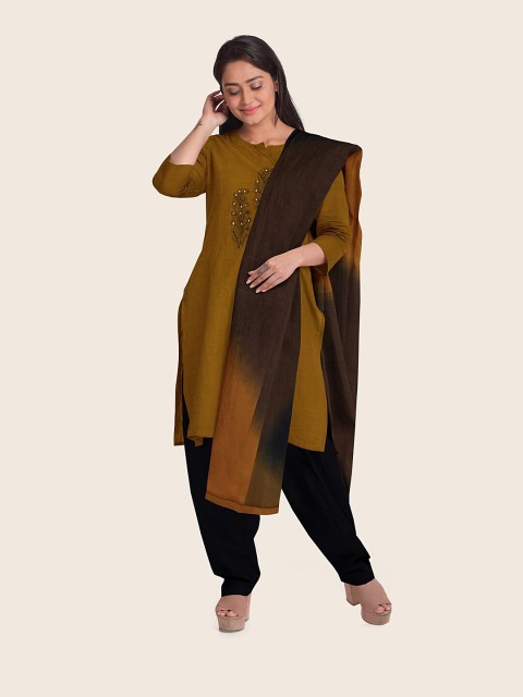 

Pothys Mustard Yellow & Black Embroidered Unstitched Dress Material