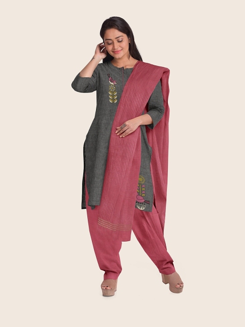 

Pothys Grey & Pink Embroidered Pure Cotton Unstitched Dress Material
