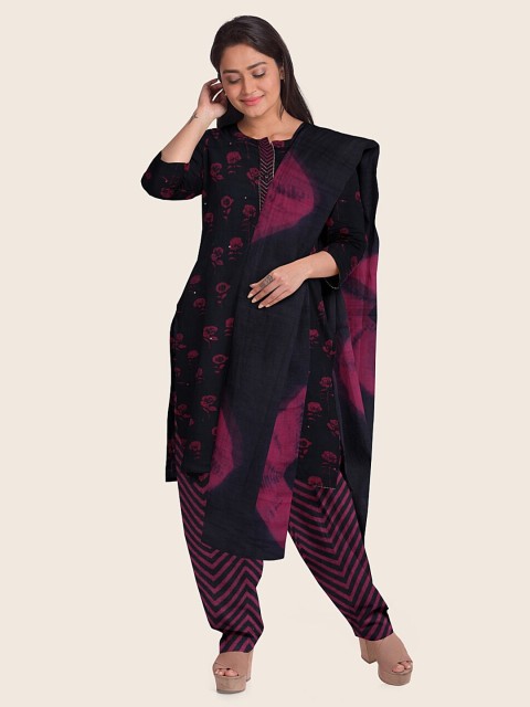 

Pothys Navy Blue & Pink Printed Unstitched Dress Material