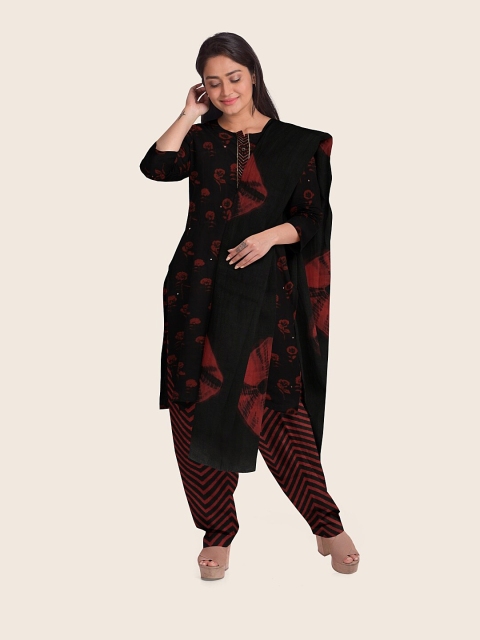 

Pothys Black & Brown Printed Unstitched Dress Material