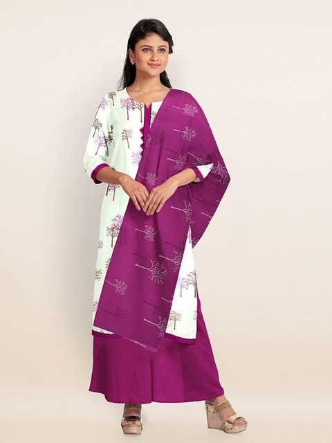 

Pothys White & Magenta Printed Unstitched Dress Material