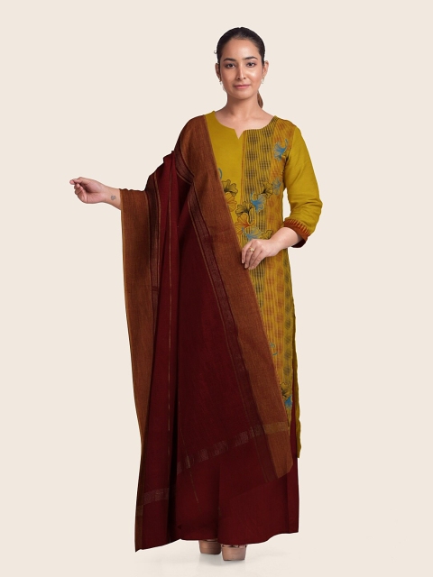 

Pothys Yellow & Maroon Printed Pure Cotton Unstitched Dress Material